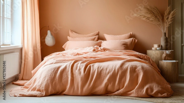 Fototapeta Cozy Modern Bedroom with Soft Peach Fuzz Bedding, Trendy Home Decor, Warm Tone, Scandinavian Minimalist Design, Relaxing Atmosphere, Comfortable Sleep Space, Elegant Styled Bed
