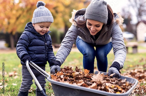 Fototapeta A mother and son picking up leaves into a wheelbarrow during fall.