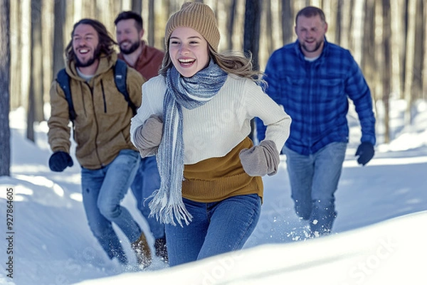 Fototapeta Group of friends running through snowy forest.