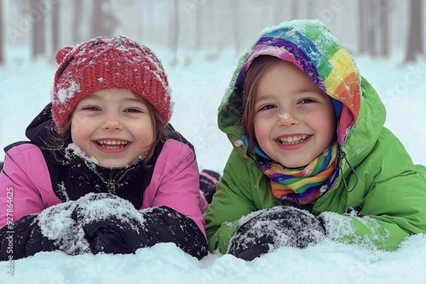 Fototapeta Children building a snowman, smiling, enjoying a snowy winter day