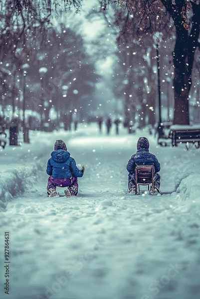 Fototapeta Children sledding in a snowy park, surrounded by falling snowflakes.