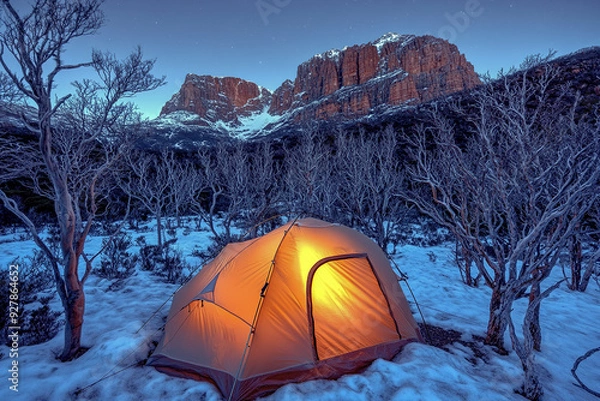 Fototapeta Orange tent glows warmly amidst snow and barren winter trees.