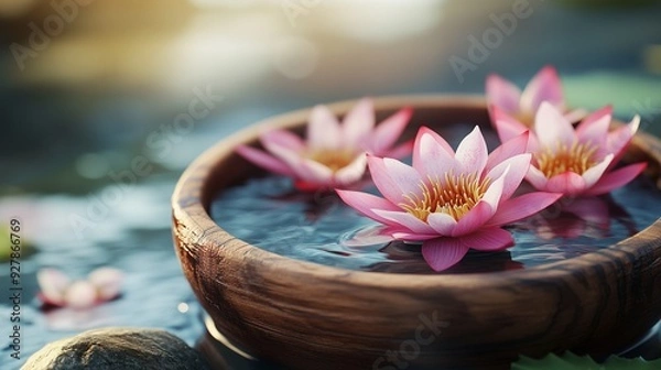 Obraz Zen Spa with Floating Pink Lotus Flowers