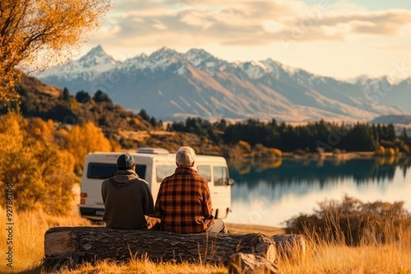 Obraz Elderly man and his son enjoying a serene autumn landscape by the lake with mountains and a camper van in the background