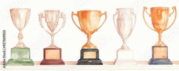 Obraz A collection of award trophies showcasing different designs, perfect for achievements and recognition themes. watercolor style.