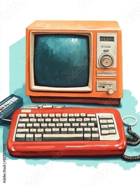 Fototapeta Vintage Computer Setup with Red and Orange Color Palette