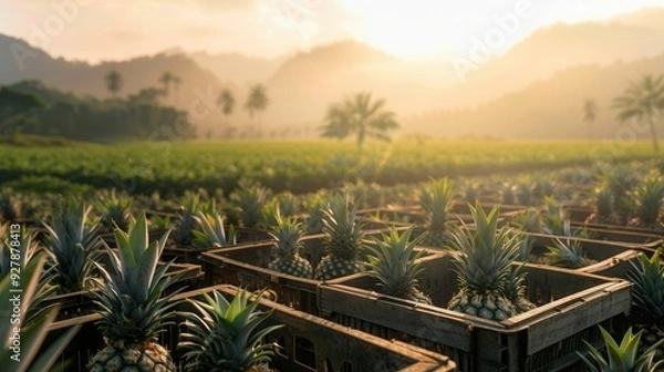 Fototapeta Fresh harvested pineapples in wooden crate in field