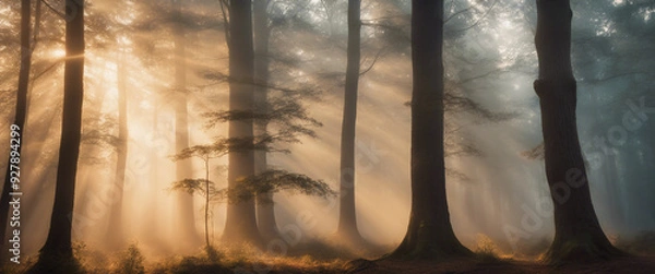 Fototapeta The early morning sun breaks through the dense fog of an ancient forest, with rays of light piercing