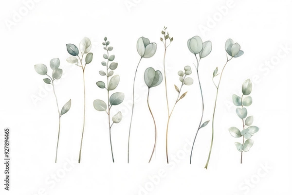 Obraz Watercolor eucalyptus branches, multicolored on a white background. Botanical illustration with copy space. Design for wallpaper, poster, greeting card, invitation, and postcard