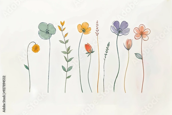 Obraz Collection of  multicolored watercolor wildflowers and leaves on a white background. Botanical illustration with copy space. Design for wallpaper, poster, greeting card, invitation, and postcard
