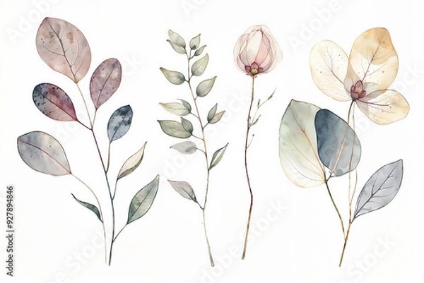 Obraz Collection of  multicolored watercolor wildflowers and leaves on a white background. Botanical illustration with copy space. Design for wallpaper, poster, greeting card, invitation, and postcard
