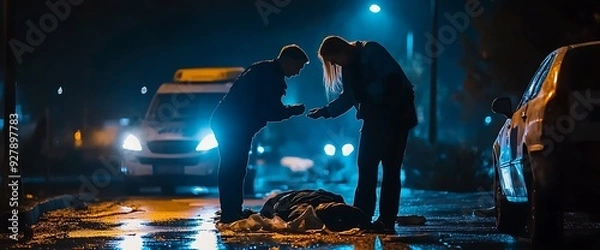 Obraz Two figures in silhouette standing over an unconscious person lying on the wet pavement at night.