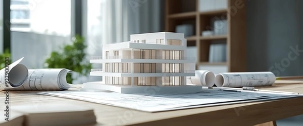 Obraz White model home on a table with blueprints.