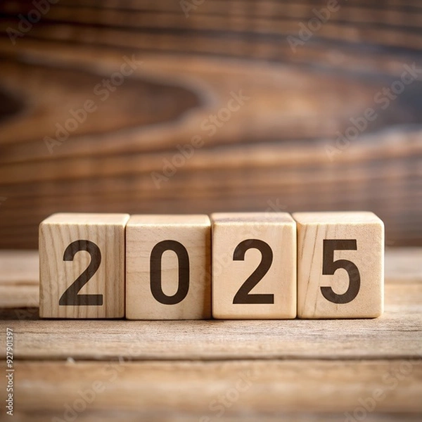 Fototapeta square wood number '2025' on wooden background. generative AI.