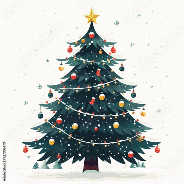 Fototapeta Christmas tree decorated with colorful balls, garland lights, golden star. Spruce, evergreen tree. Greeting card, festive poster, party invitations. New year. Vector illustration in flat style