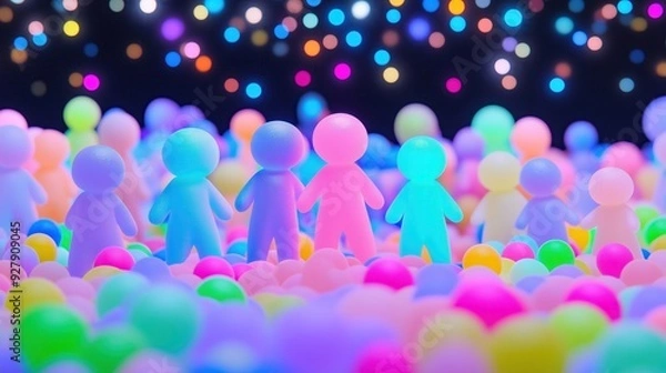 Fototapeta A colorful gathering of jelly-shaped figures in vibrant hues, set against a bokeh-lit background, creating a playful and whimsical scene.