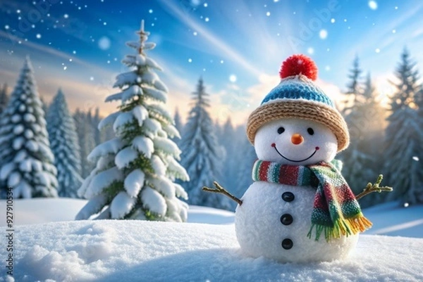 Fototapeta Panoramic view of happy snowman in winter scenery with copy space