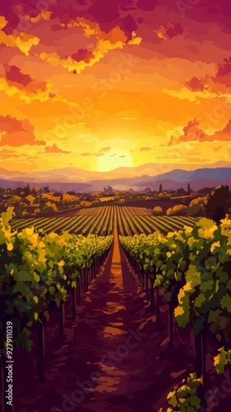Obraz Sunset Enchantment in an anime-style Vineyard: A Tranquil Vineyard Landscape for Tasting Events, Vineyard Promotion, and Creative Marketing,Anime-Style,illustration,Picture BooksFor Poster,Novel,UI,WE