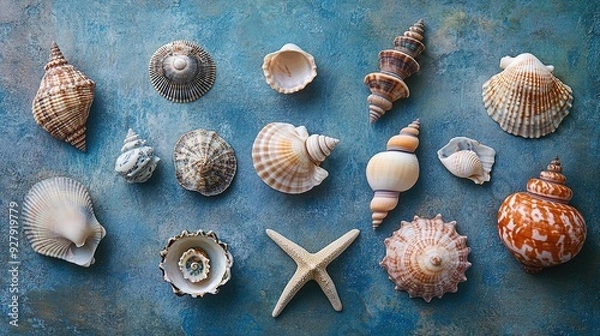 Fototapeta Stunning Seashell Collection: Perfect for Sporting Decor - Elevate Your Space with Beautiful Shells Against a Captivating Blue Backdrop!