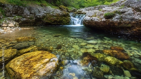 Fototapeta Crystal clear water flowing over smooth rocks with vibrant moss and ferns growing along the riverbank