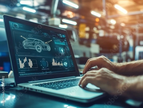 Fototapeta Mechanic reviews digital vehicle plan and engine graph under car hood in garage workshop