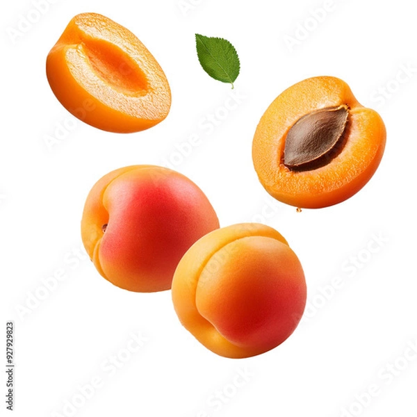 Fototapeta Fresh falling Apricot, isolated with dropped on white background