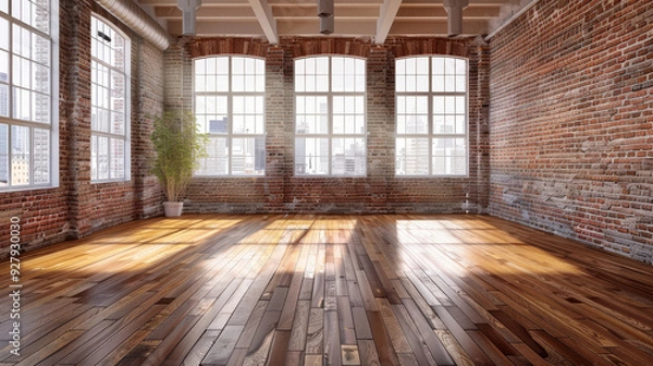 Fototapeta a spacious, empty studio with a wooden floor, a brick wall, and large windows that flood the room with natural light, perfect for dance or creative activities.