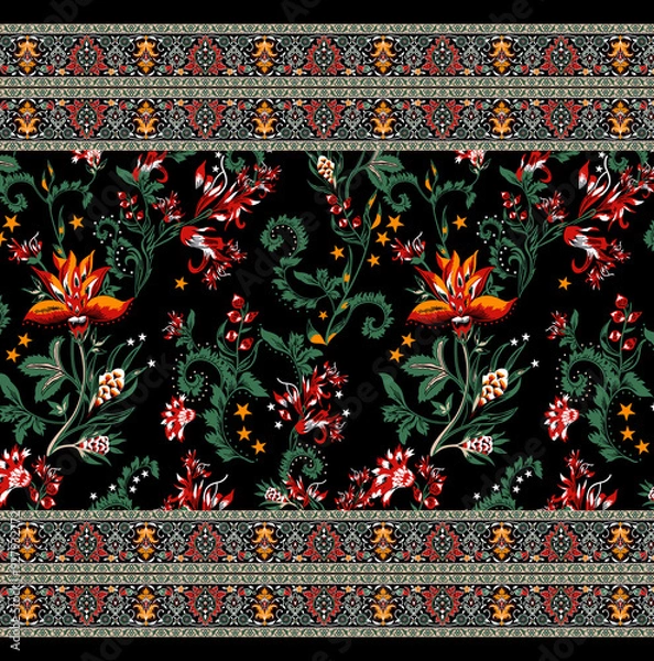 Obraz Colorful asian style floral pattern. Dark background floral tapestry. paisley pattern with traditional indian style, design for decoration and textiles