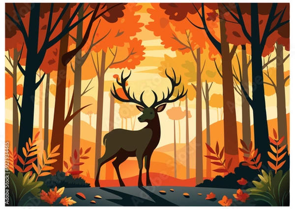 Fototapeta silhouette of a deer in autumn yellow forest