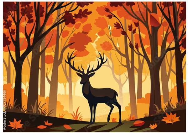 Fototapeta silhouette of a deer in autumn yellow forest