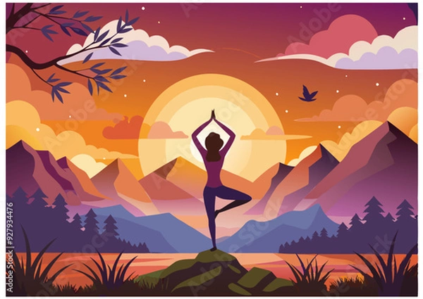 Fototapeta Silhouette of a girl against the backdrop of a sunset in the mountains vector illustration