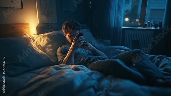 Fototapeta  Man Using His Phone in His Bed Instead of Sleeping Technology