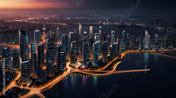 Fototapeta Illuminated skylines of cosmopolitan cities under the night sky