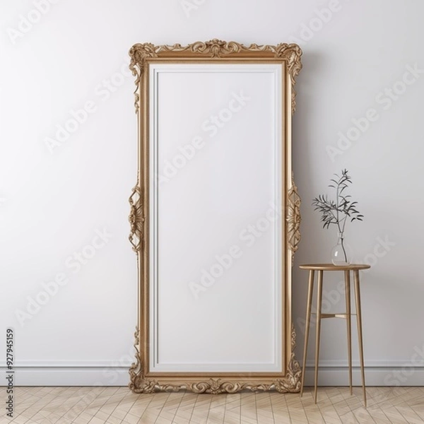 Fototapeta A grand gold mirror is displayed against a smooth white wall, creating a striking contrast and a sense of sophistication.