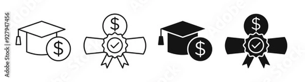 Fototapeta Scholarship icon set. Student education tuition grant vector symbol. College graduation financial aid or scholarship money icon set. Graduation cap with dollar symbol