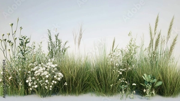 Fototapeta Mixed prairie grass bed featuring tall bluestem and switchgrass, ideal for natural landscaping and erosion control, isolated on white background