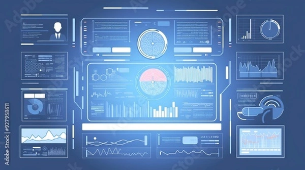 Fototapeta Futuristic digital dashboard with various data visualizations and analytics displays for technology and business insights.