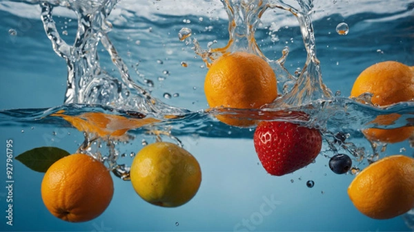 Fototapeta Dynamic Fruit Splash – Fresh Orange, Strawberry, and Kiwi in Water