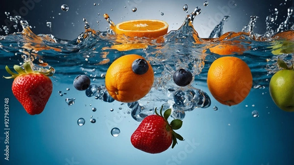 Fototapeta Dynamic Fruit Splash – Fresh Orange, Strawberry, and Kiwi in Water