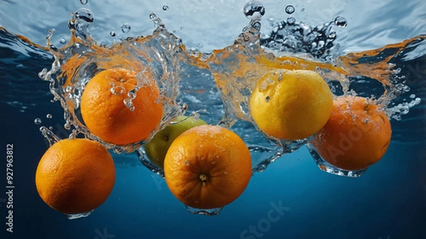 Fototapeta Dynamic Fruit Splash – Fresh Orange, Strawberry, and Kiwi in Water