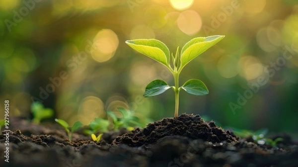 Fototapeta A tiny seedling sprouting from rich soil, symbolizing the beginning of new life and growth.
