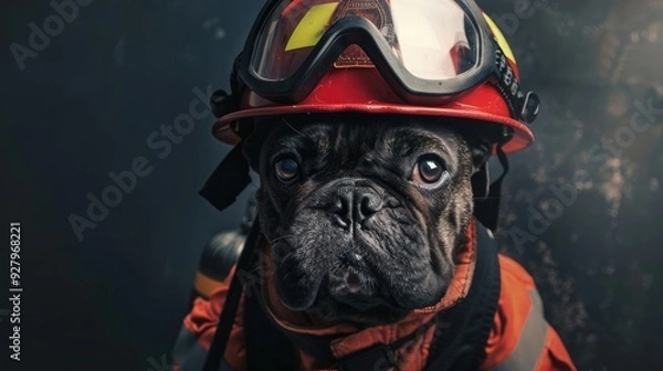 Fototapeta Dog dressed like a firefighter Cute animals wearing firefighter uniforms
