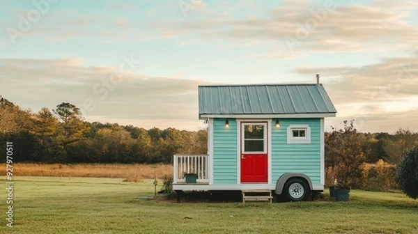 Fototapeta A small blue and red house with a porch on a green lawn with trees and a cloudy sky in the background.