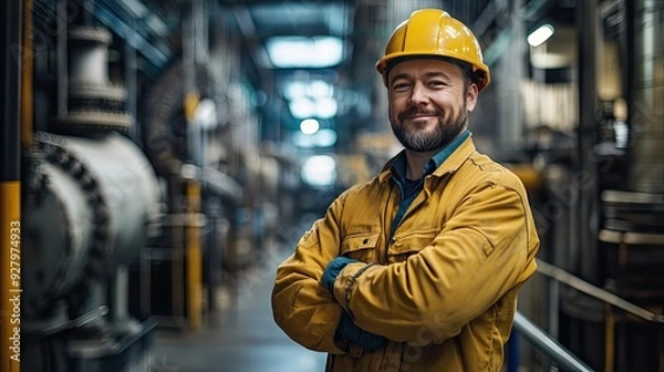 Fototapeta Smiling worker in a factory setting. This photo is ideal for representing industrial work, safety, and manufacturing.