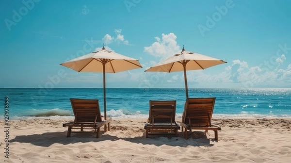 Fototapeta beach chairs and umbrella on the beach