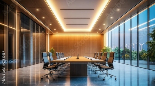 Fototapeta A large conference room with a long table and many chairs. The room is well lit and has a modern, professional feel