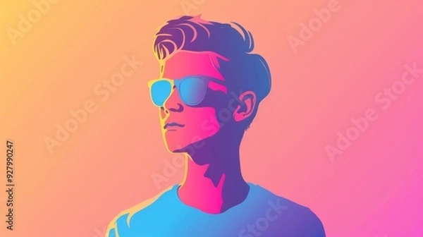 Fototapeta A stylish young man poses with sunglasses, showcasing a colorful gradient backdrop that adds energy to the atmosphere, gen z concept