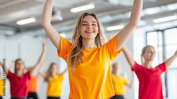 Fototapeta A happy young woman dances enthusiastically in a group fitness class, radiating joy and energy in a lively environment.