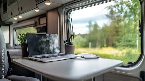Fototapeta A laptop, notebook and potted plant sit on a table inside a motorhome with a view of a green forest through the window.