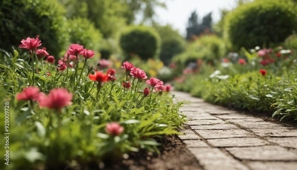 Fototapeta A stone path winding through a lush summer garden